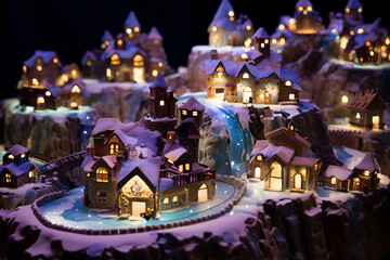 Enchanting snow-covered miniature village with glowing houses nestled by a shimmering waterfall at night