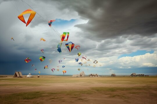 Different kites on the ground beneath cloudy sky. Generative AI