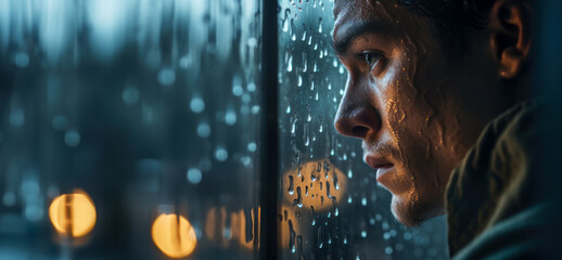 A young men looking through a rainy window with tears streaking down, concept of loneliness and depression, copy space  - obrazy, fototapety, plakaty