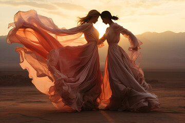 Two graceful figures dancing in flowing dresses amidst the golden desert sunset with distant mountain silhouettes - obrazy, fototapety, plakaty