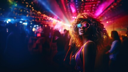 Obraz na płótnie Canvas Frau feiert im Club mit Sonnenbrille, schillernde Lichter und Lichteffekte