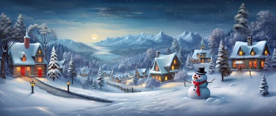 a snowy village with colorful trees and snowman Generative AI