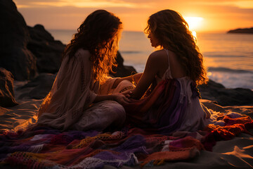 Two women in bohemian clothes sitting amidst colorful fabrics on rocky coastline during a breathtaking ocean sunset