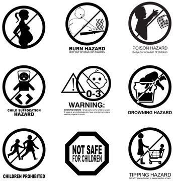 Collection of scalable, vector illustrated child hazard icons.