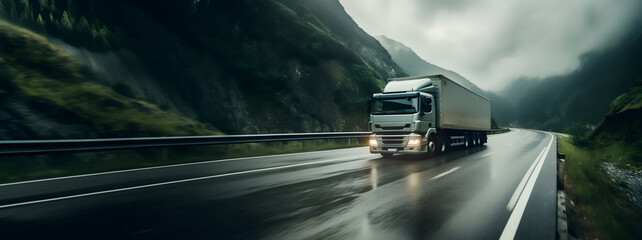 panoramic - truck driving through the mountains on a cloudy day - obrazy, fototapety, plakaty