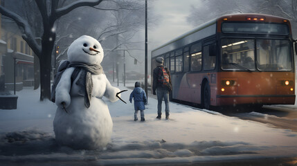 snowman waiting for the bus - winter classes or vacation concept - obrazy, fototapety, plakaty