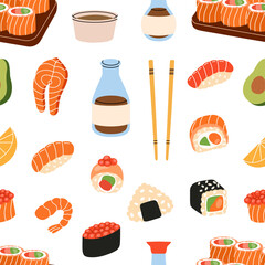 Sushi pattern. Sushi and rolls seamless banner. Tobiko maki, philadelphia roll, onigiri, shrimp nigiri, tekkamaki tuna roll, futomaki, sake temaki