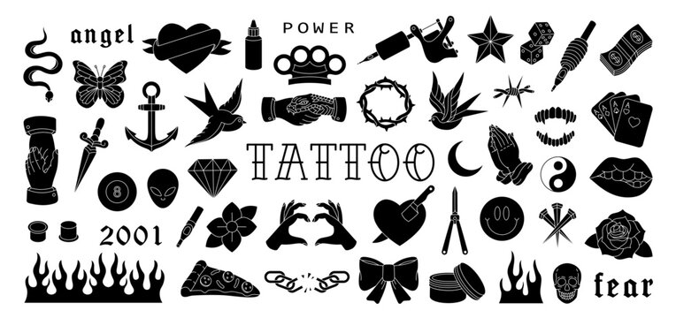 Tattoo set. Various old school tattoos. Swallow, rose, heart, knife, anchor, skull, hands, flowers, snake. Vector illustration.