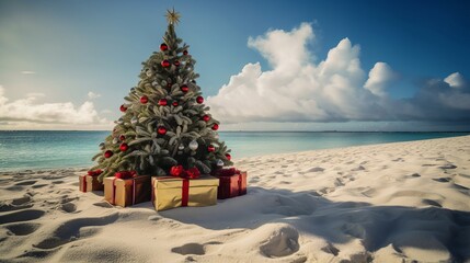 Decorated Christmas tree on sandy beach. Christmas tree on a beautiful white sandy beach paradise in the summer