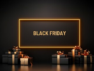 Black Friday Sale. Black Gift Boxes with Gold Bows on Shelf and Podium. Golden Text Lettering in Bright Glowing Neon Frame