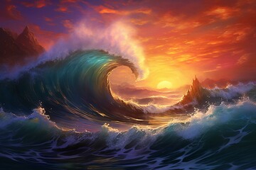An artwork depicting a powerful ocean wave colliding with jagged rocks during the colorful sunset. Generative AI