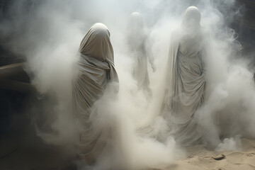 Veiled spectral figures emerging from the dense mist in a dreamlike sandy landscape