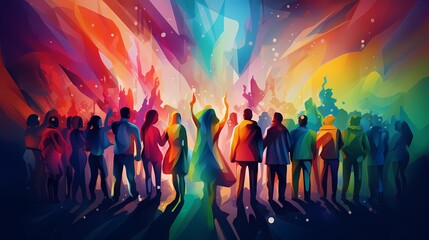 Colorful revolution, crowd of people against the background of colorful dynamic shapes, LGBT community - obrazy, fototapety, plakaty