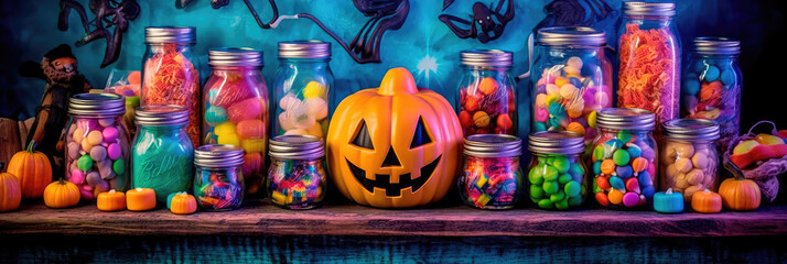 Obraz na płótnie Canvas Bright illustration of candies on a colorful Halloween-style background. Generative AI
