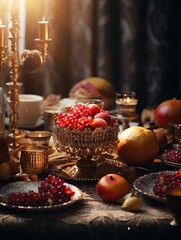 pomegranate on the table, Rosh Hashanah, generative ai