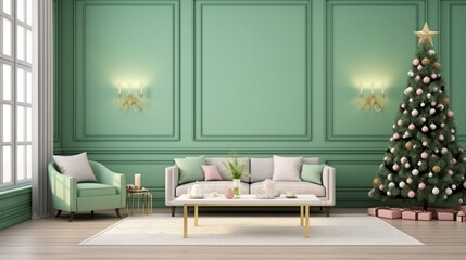 pastel green Interior of beautiful room decorated for Christmas. ai generative