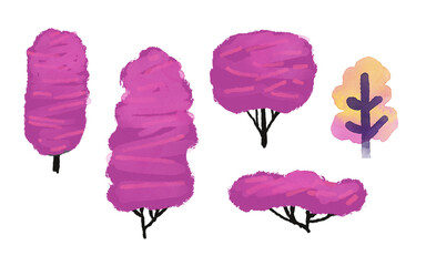 Colorful set of trees. Cluster of plant. landscape and front view. Hand drawn modern illustration. Isolated design element. Poster, print template.