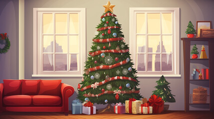 Fototapeta na wymiar Stylish interior of living room with decorated Christmas tree. ai generative