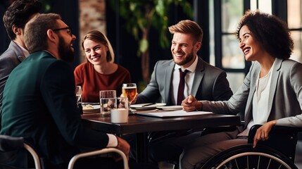 Business meeting in a co-working space by a man in a wheelchair. Integration of people with disabilities.