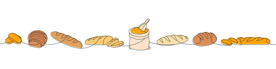 Set of fresh breads one line colored continuous drawing. Bakery pastry products continuous one line illustration. Vector minimalist illustration.