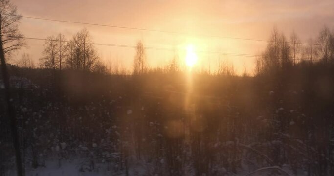 The train window reveals a golden-hued winter scene: woods glistening in the sunset, covered in snow and ice.