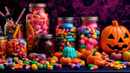 Bright illustration of candies on a colorful Halloween-style background. Generative AI