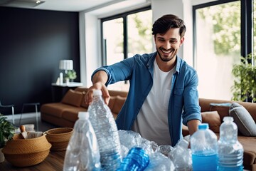 A cheerful, young, and handsome Caucasian man recycling a glass bottle at home with a happy smile.