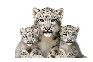 Snow Leopard and Precious Cubs on isolated background
