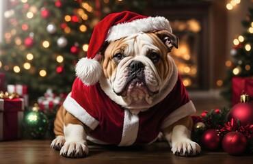 Festive portrait of English bulldog dressed in Santa Claus clothing style, cute dog background, banner, template 
