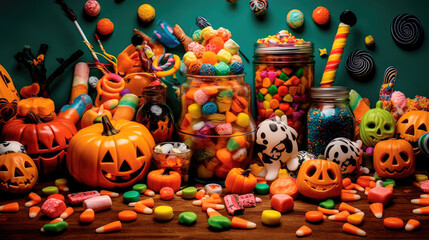 Fototapeta premium Bright illustration of candies on a colorful Halloween-style background. Generative AI