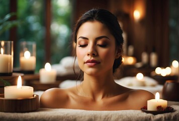 Obraz na płótnie Canvas Beautiful brunette woman enjoying spa treatment at wellness centre, beauty and self care concept background 