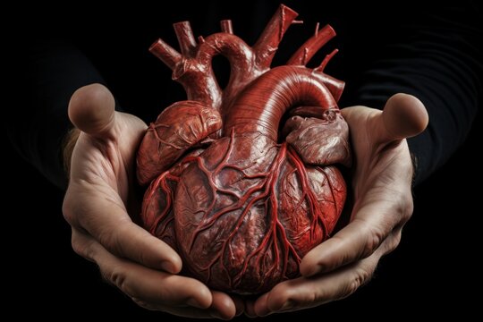 Close-up of a human heart held in male hands, showing intricate details. Realistic depiction of a life-saving organ. Perfect for medical or health-related designs, educational materials.
