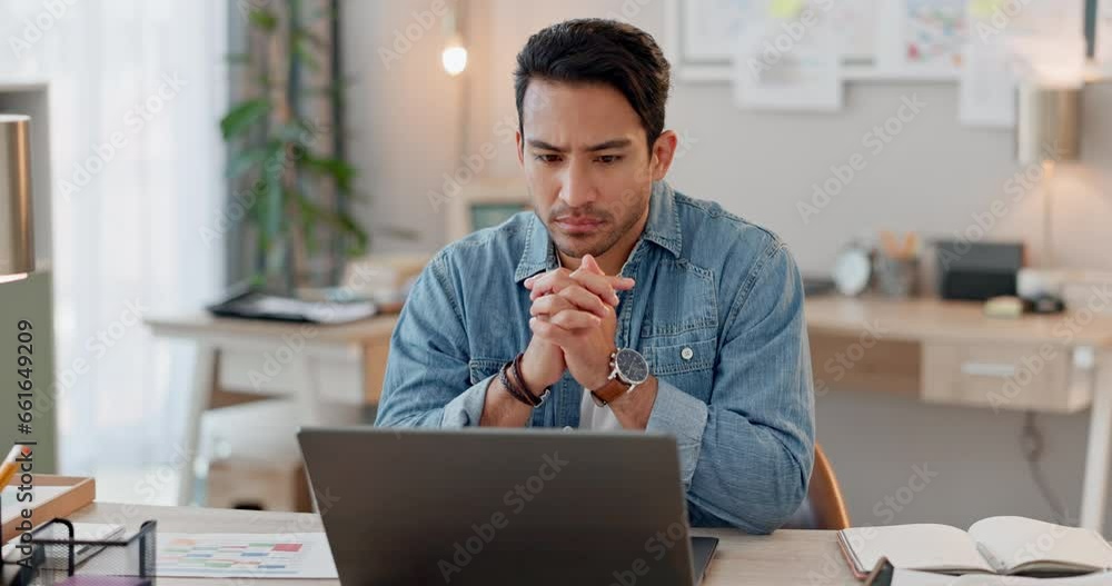 Aufkleber laptop, stress and thinking with a business man in his office for design on a creative project with 