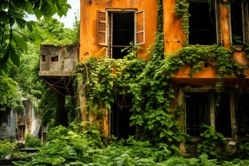 Fototapeta na wymiar Dilapidated orange building engulfed with greenery. Generative AI