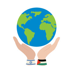 palestine and israel flags in hands lifting world