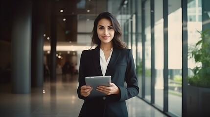 Portrait of a confident female bank manager standing inside a modern bank lobby Banking
