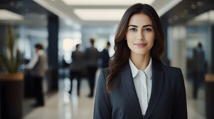 Portrait of a confident female bank manager standing inside a modern bank lobby Banking
