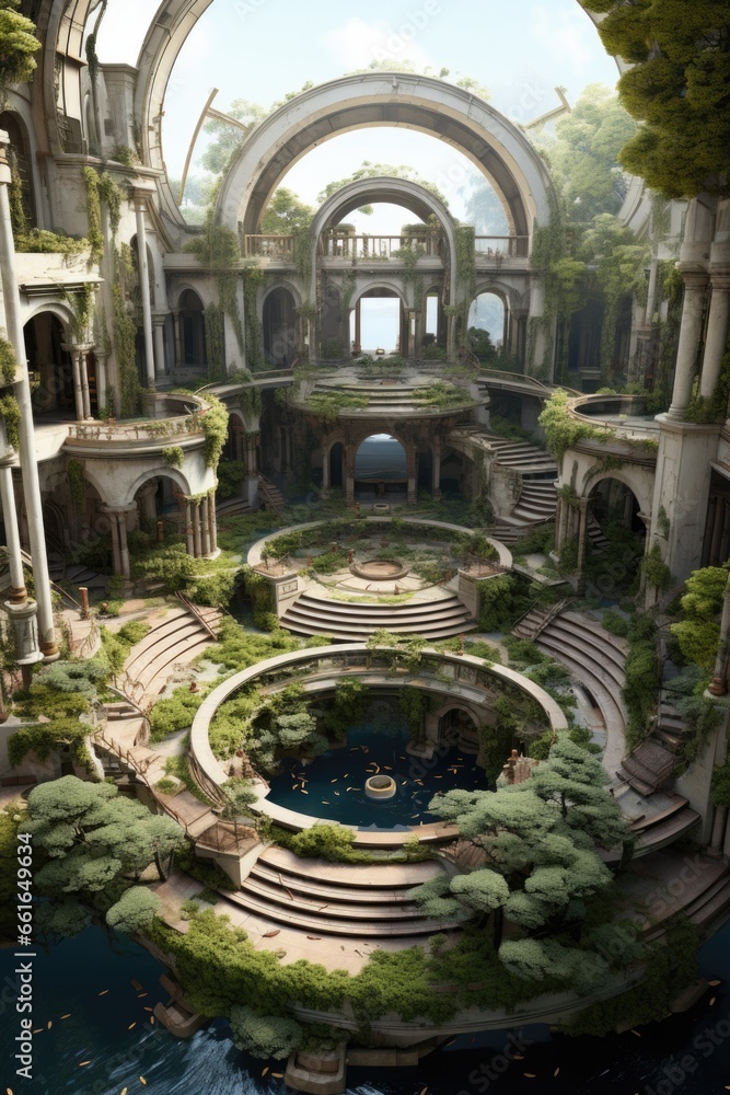 Poster a large building with a pool in the middle of it. ai.