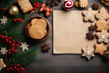 A flat lay of assorted Christmas cookies arranged around a blank greeting card