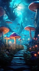 Obraz na płótnie Canvas Fantasy enchanted fairy tale forest with magical Mushrooms, fairytale butterflies and huge moon. Mystical fly agarics glow in a mysterious forest. Magic light.