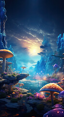 Fantasy enchanted fairy tale forest with magical Mushrooms, fairytale butterflies and huge moon. Mystical fly agarics glow in a mysterious forest. Magic light. - obrazy, fototapety, plakaty