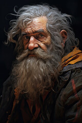 bearded portrait, dirty and scruffy looking old man with a long beard.