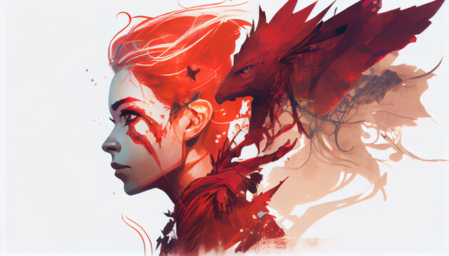 Character Design Double Exposure Shot of a Beautiful Sorcerer Filled with a Red Dragon