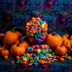 Bright illustration of candies on a colorful Halloween-style background. Generative AI