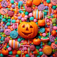 Fototapeta na wymiar Bright illustration of candies on a colorful Halloween-style background. Generative AI