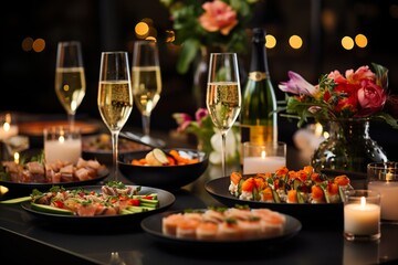 A New Year's Eve celebration spread, gourmet appetizers and sparkling champagne