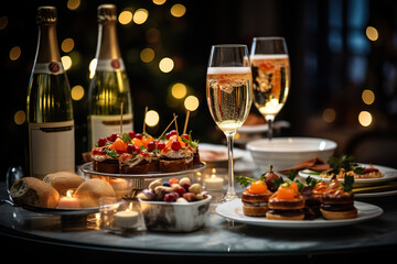 A New Year's Eve celebration spread, gourmet appetizers and sparkling champagne - obrazy, fototapety, plakaty