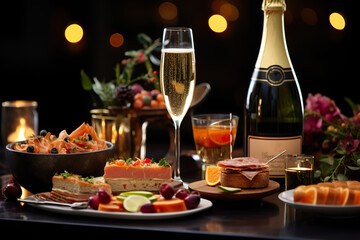 Obraz na płótnie Canvas A New Year's Eve celebration spread, gourmet appetizers and sparkling champagne