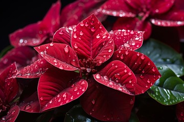 A cluster of velvety red poinsettia petals, with delicate water droplets glistening on their surface - Powered by Adobe