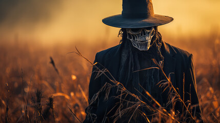 An illustration of a scarecrow bathing in the eerie light of a Halloween bonfire, casting long shadows on the tall grass of a field. Generative AI